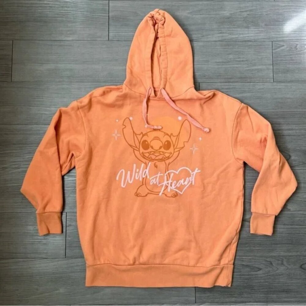 Disney Parks Stitch Oversized Hoodie Sweatshirt Orange "Wild At Heart" Size S